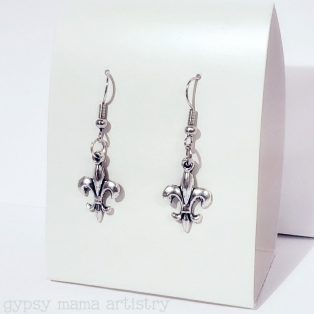N. Fleur de Lis French Hook Earrings, Silver